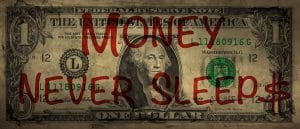 Schilderij money never sleeps dollar canvas en plexiglas wanddecoratie