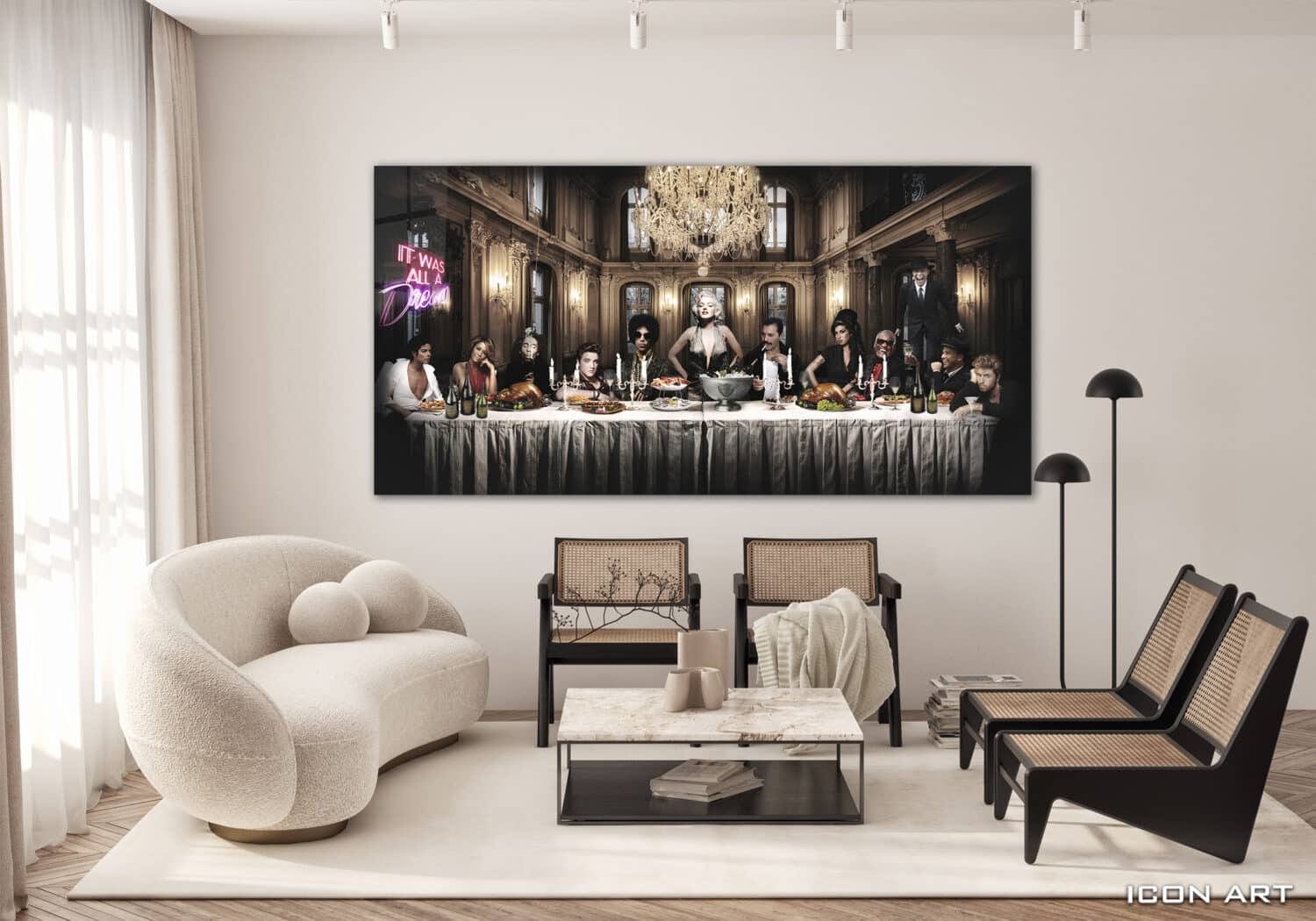 schilderij plexiglas aluminium dibond legends the last supper hollywood celebrities michael jackson whitney houston bob marley prince rogers elvis presley marilyn monroe david bowie amy winehouse ray charles george michael frank sinatra freddie mercury the rest is history wanddecoratie wall art decoration painting